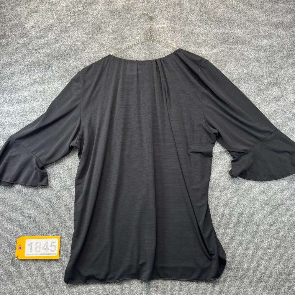 Empire Blouse Top Womens 3XL Black Pleated Stretch Ruffled Bell Sleeve Tie Neck